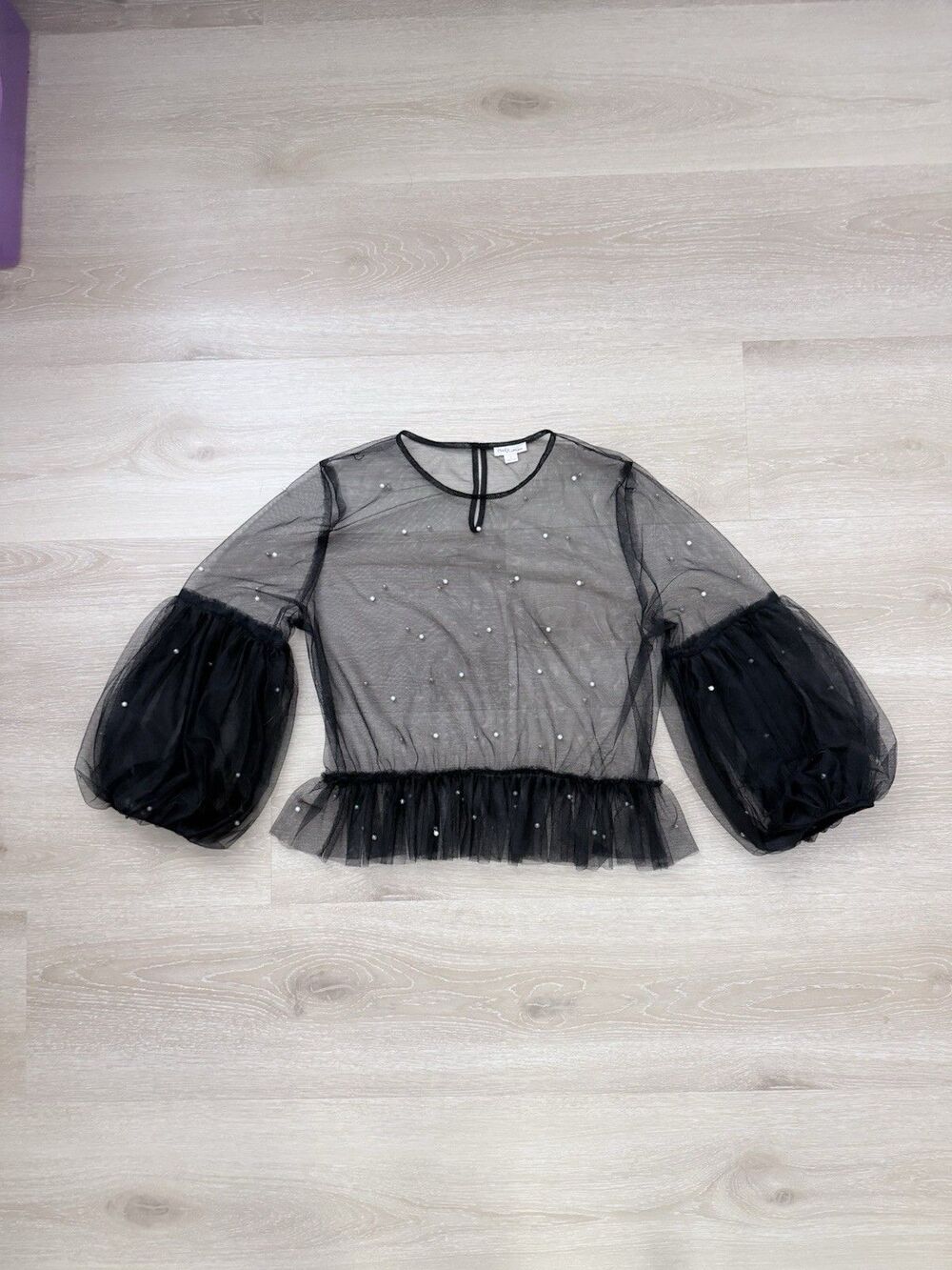 Black Sheer Pearl Mesh Puff Balloon Sleeve Top Sz L Peplum Romantic Whimsigoth